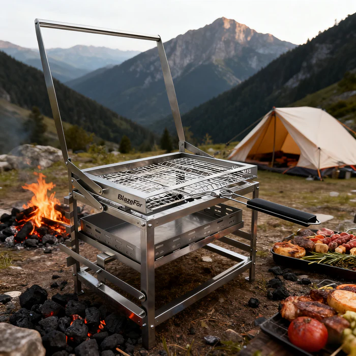 Adjustable Charcoal Rotating Grill, 360° BBQ Grill for Outdoor Cooking