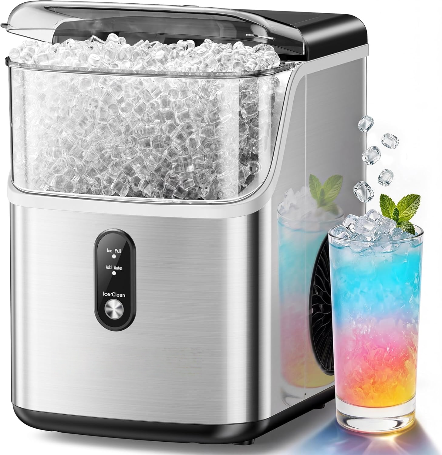 Nugget Ice Maker Countertop, 34lbs/Day Self-Cleaning Sonic Ice Machine with Stainless Steel Design