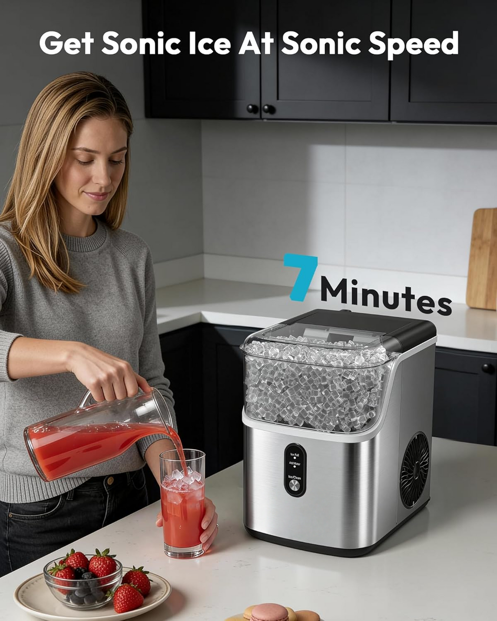 Nugget Ice Maker Countertop, 34lbs/Day Self-Cleaning Sonic Ice Machine with Stainless Steel Design