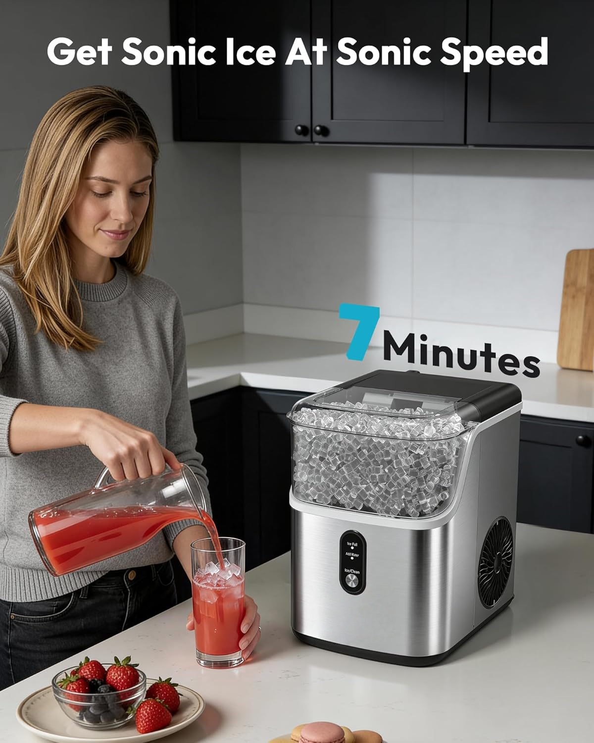 Nugget Ice Maker Countertop, 34lbs/Day Self-Cleaning Sonic Ice Machine with Stainless Steel Design