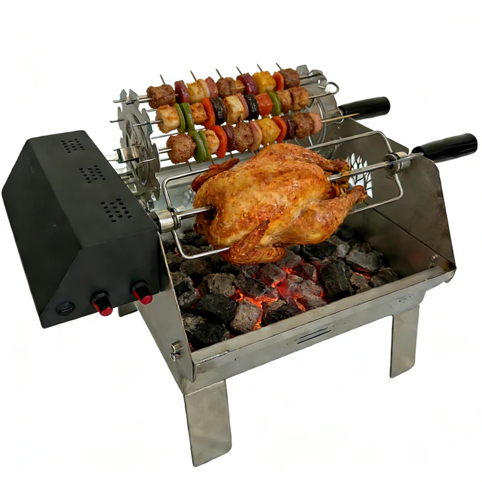 Double-Row Electric Rotating Grill, 360° Automatic BBQ Rotisserie Grill with Even Heating for Outdoor Cooking, Backyard & Camping