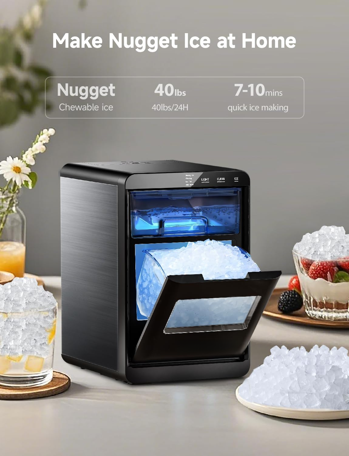 40lbs Nugget Ice Maker Countertop, Self-Cleaning Sonic Pebble Ice Maker Machine for Home