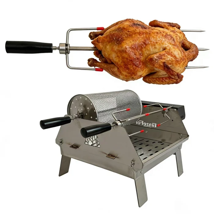 Double-Row Electric Rotating Grill, 360° Automatic BBQ Rotisserie Grill with Even Heating for Outdoor Cooking, Backyard & Camping