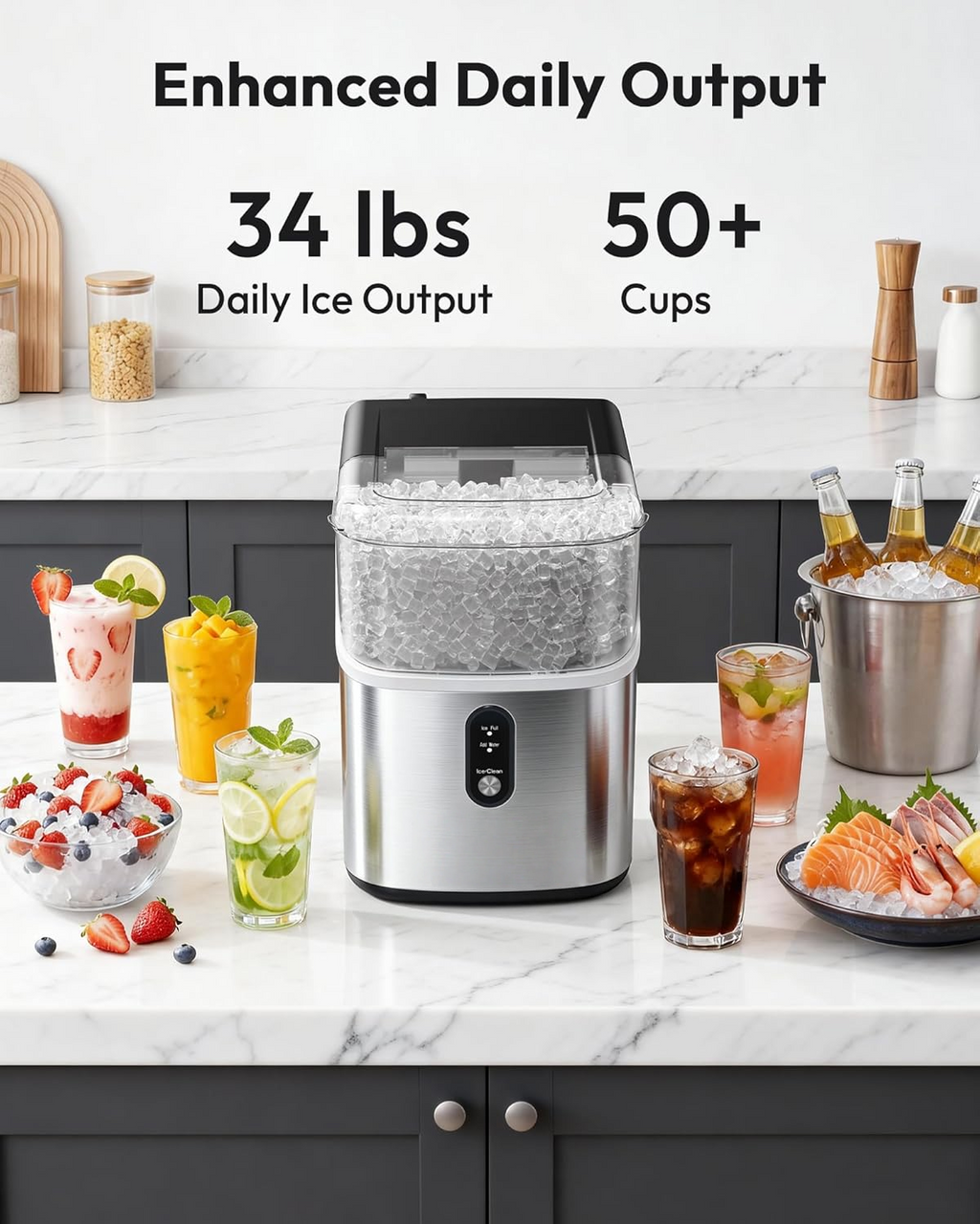 Nugget Ice Maker Countertop, 34lbs/Day Self-Cleaning Sonic Ice Machine with Stainless Steel Design