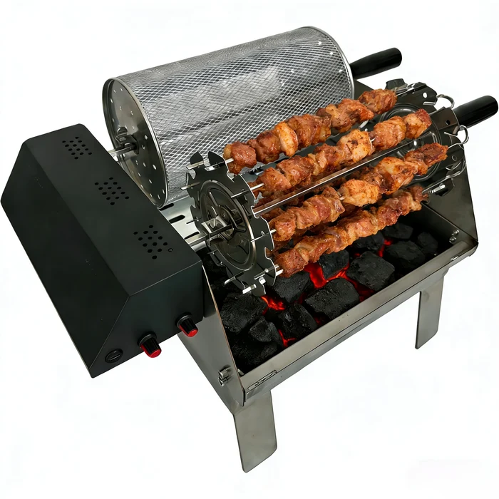Double-Row Electric Rotating Grill, 360° Automatic BBQ Rotisserie Grill with Even Heating for Outdoor Cooking, Backyard & Camping