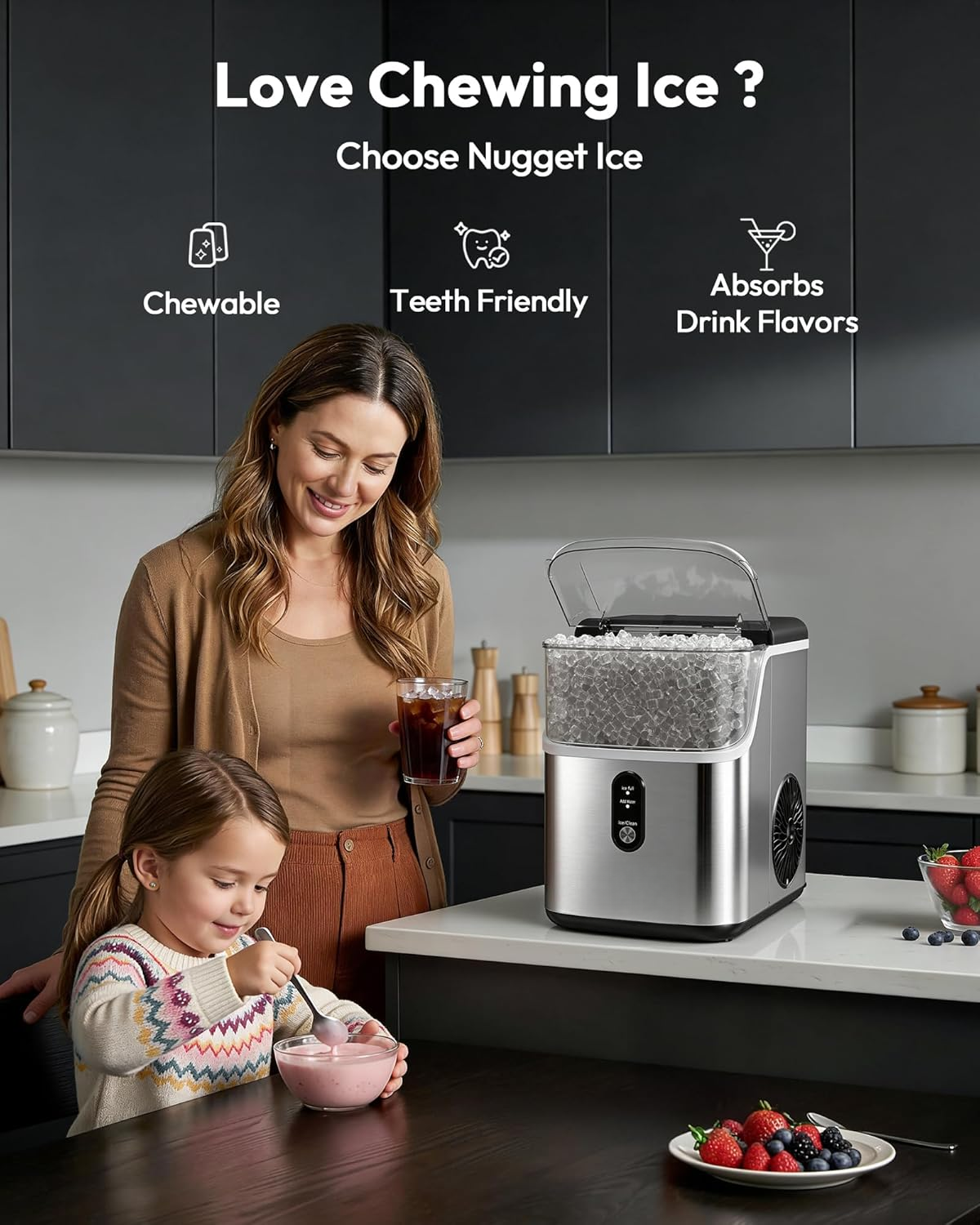 Nugget Ice Maker Countertop, 34lbs/Day Self-Cleaning Sonic Ice Machine with Stainless Steel Design