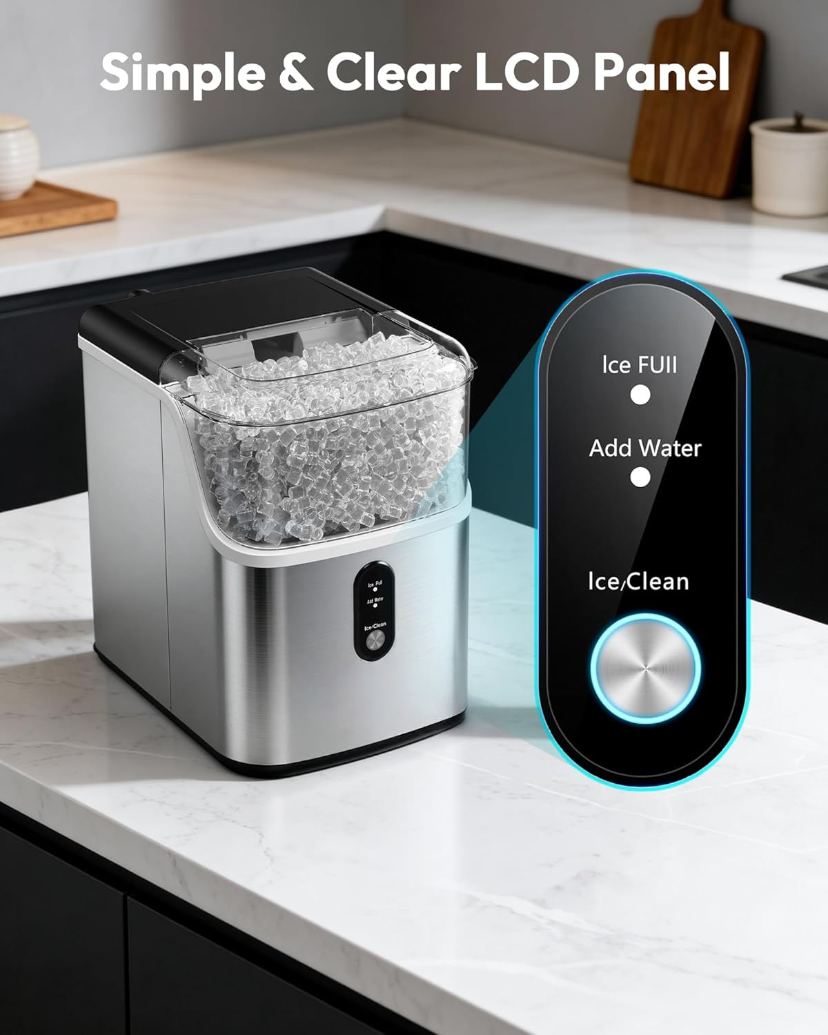 Nugget Ice Maker Countertop, 34lbs/Day Self-Cleaning Sonic Ice Machine with Stainless Steel Design