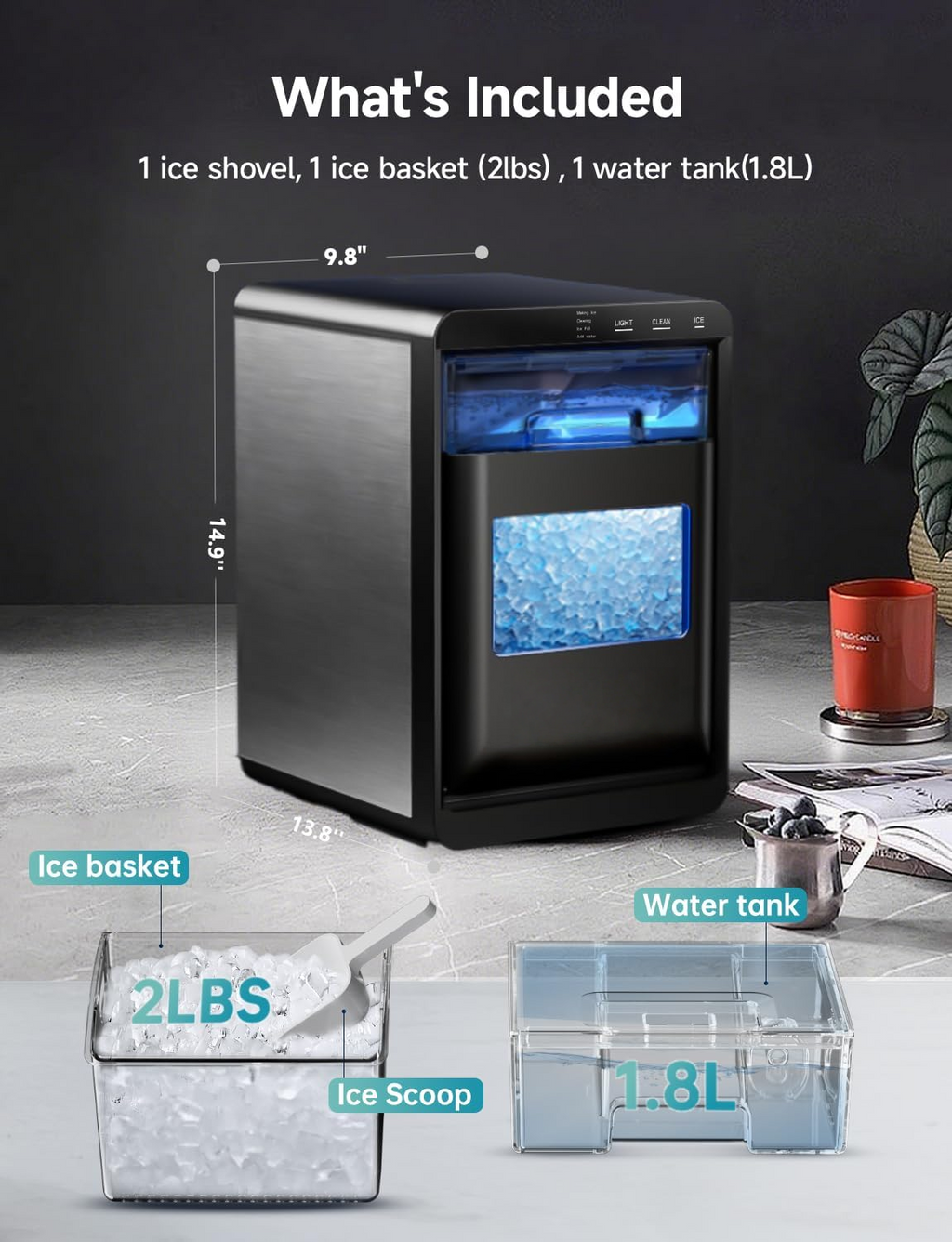 40lbs Nugget Ice Maker Countertop, Self-Cleaning Sonic Pebble Ice Maker Machine for Home