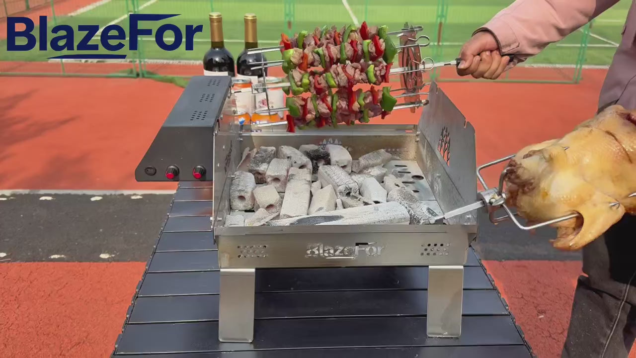 Double-Row Electric Rotating Grill, 360° Automatic BBQ Rotisserie Grill with Even Heating for Outdoor Cooking, Backyard & Camping